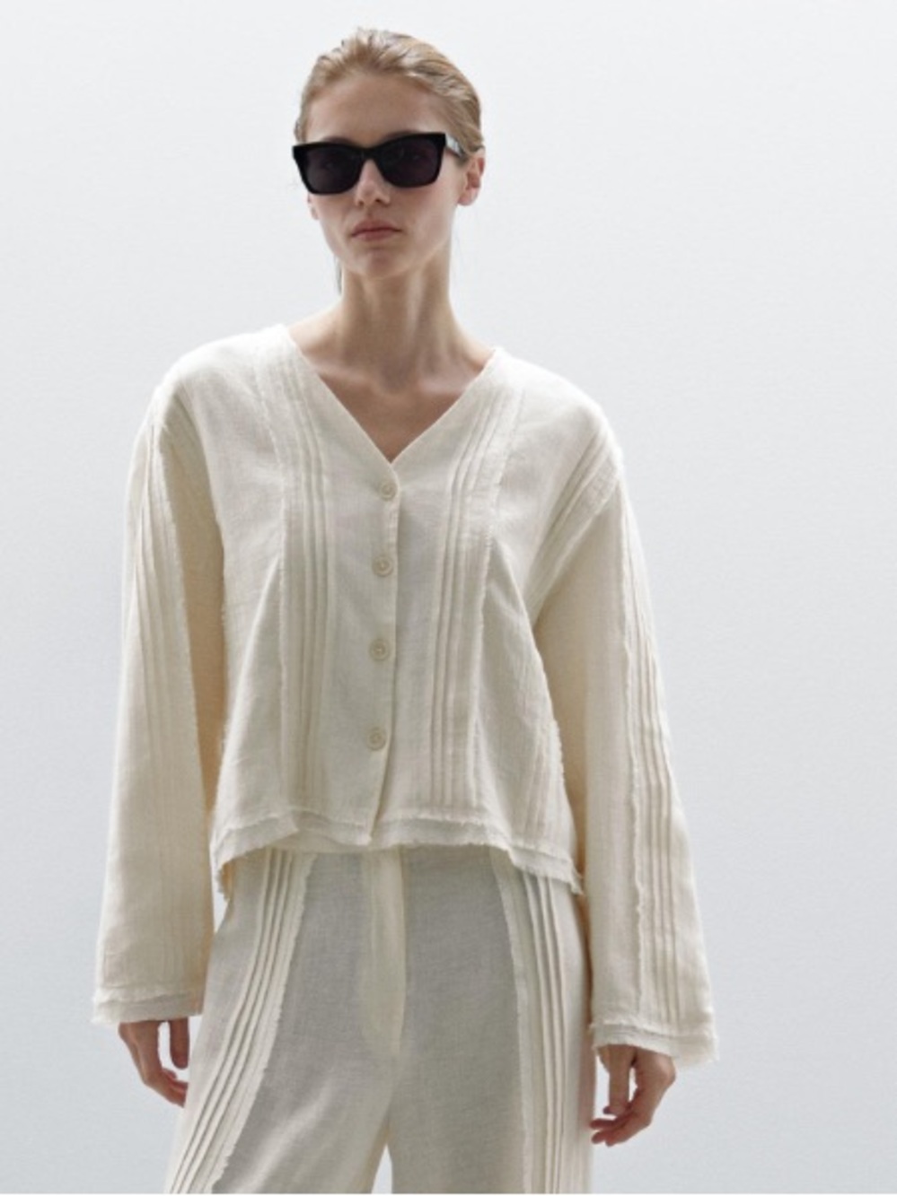Relaxed Cream Button-Front V-Neck Top